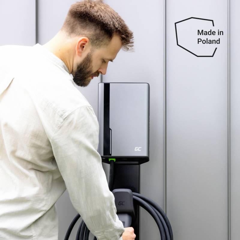 Mann lädt ein Elektrofahrzeug an einer Ladebox. Neben der Box steht 'Made in Poland'. Hintergrund ist eine graue Wand.