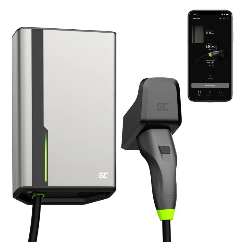 Ladestation mit Kabel und Anzeige auf einem Smartphone. Das Display zeigt Ladedetails für ein Elektrofahrzeug an.