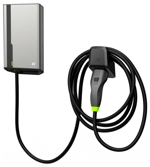 Eine elektrische Ladestation mit Kabel und Stecker für Elektrofahrzeuge. Das Design ist modern und schlank, mit grünem Akzent.