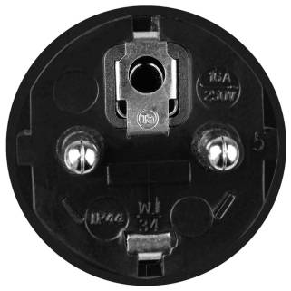 Nahaufnahme eines europäischen Steckers mit zwei runden Stiften und einer Einkerbung oben für die Erdung, geeignet für 16A, 250V.