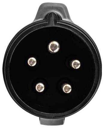 Nahaufnahme eines elektrischen Steckers mit fünf runden Kontakten in einer kreisförmigen Anordnung. Der Stecker ist schwarz.
