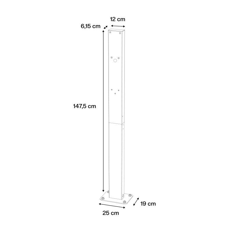 'Illustration eines rechteckigen Metallpfostens mit Maßen: Höhe 147,5 cm, Breite 6,15 cm. Fußplatte misst 25 cm x 19 cm.'