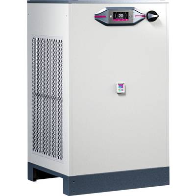 Wärmepumpe mit digitalem Display auf der Vorderseite, zeigt Temperatur an. Lüftungsschlitze an der Seite, moderner industrieller Look.