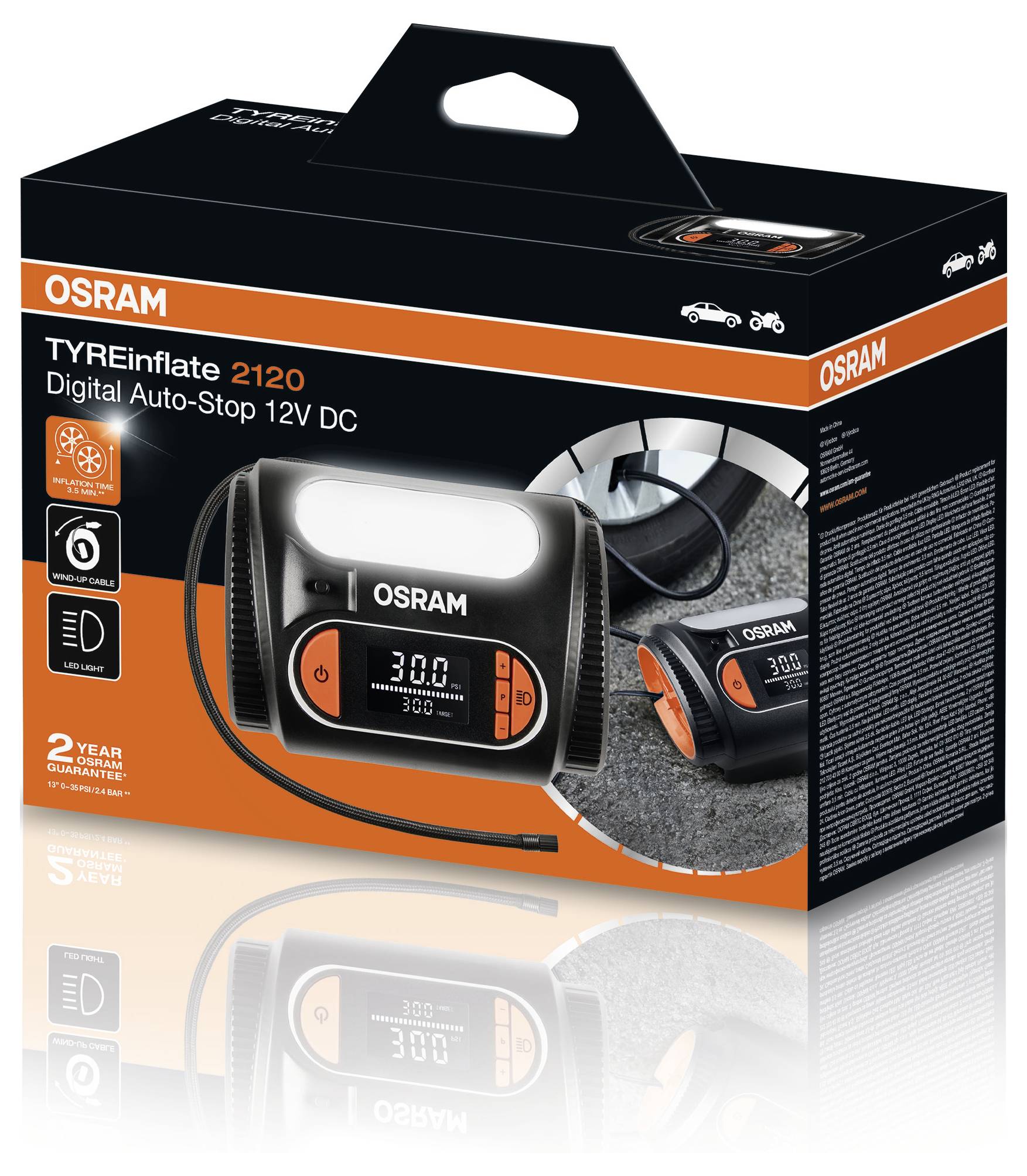 Eine schwarze Verpackung zeigt einen digitalen Auto-Reifenfüller 'Tyreinflate 2120' von OSRAM mit Auto-Stop-Funktion, 12V DC.