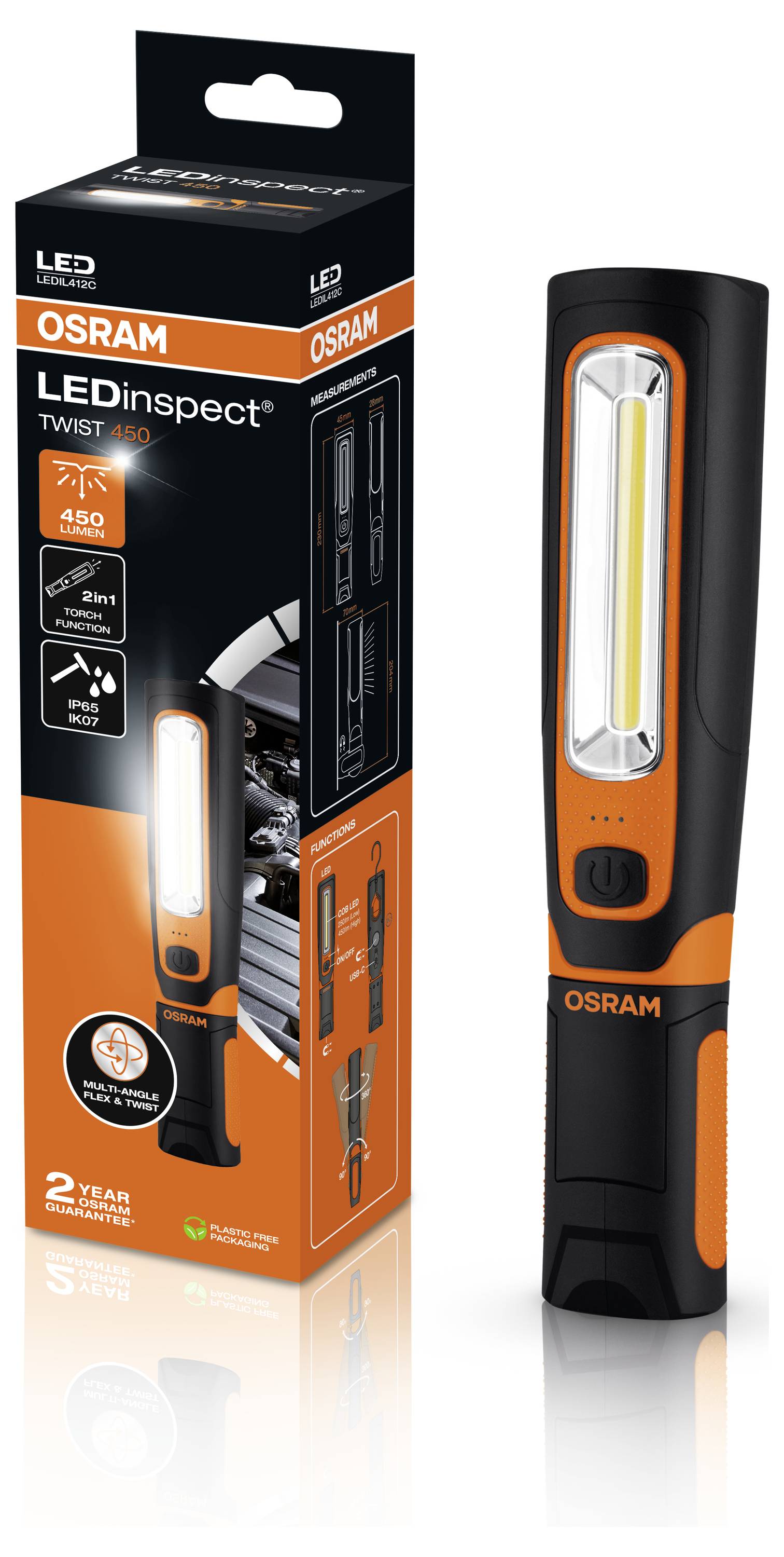 'Taschenlampe OSRAM LEDinspect TWIST mit Verpackung. Schwarzes und orangefarbenes Design, 3W, magnetische Halterung, einstellbarer Kopf.'