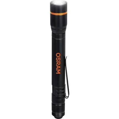 Schwarze OSRAM-Taschenlampe mit orangefarbenem Schriftzug, vertikaler Clip an der Seite, geeignet für den Einsatz bei Dunkelheit.