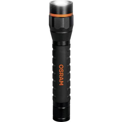 Schwarze Taschenlampe mit orangefarbenem 'OSRAM'-Logo, leuchtender Kopf.