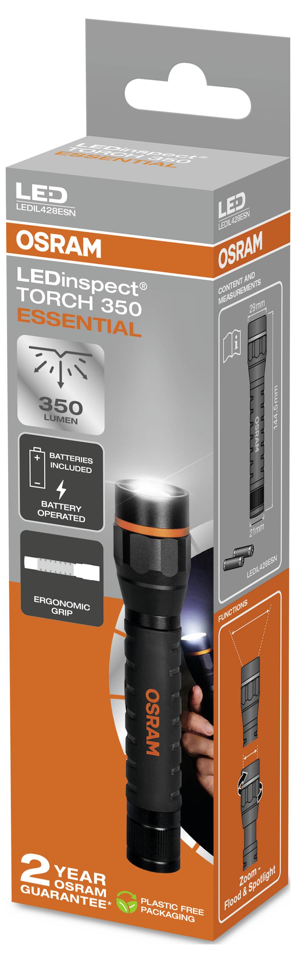 Eine schwarze LED-Taschenlampe von OSRAM in ihrer Verpackung, mit 350 Lumen Helligkeit. Text auf der Verpackung weist auf 2 Jahre Garantie hin.