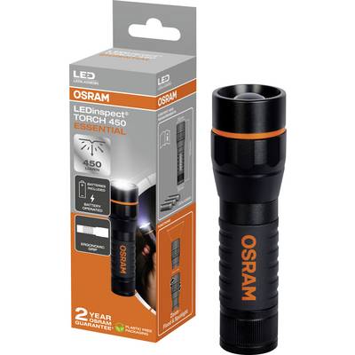 Osram LED-Taschenlampe: Modell 'LEDinspect TORCH 450 ESSENTIAL', 450 Lumen, Batterien enthalten, ergonomischer Griff, 2 Jahre Garantie. Verpackung zeigt Lampe, Spezifikationen und Markenname.