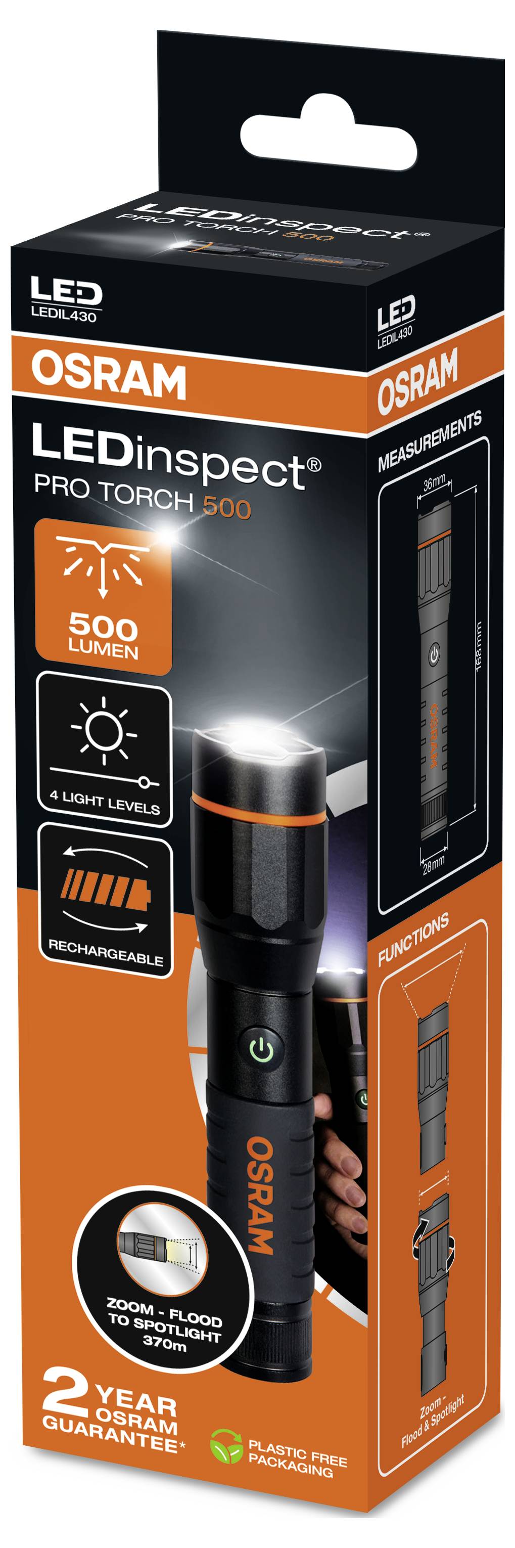 Produktverpackung für LEDinspect Pro-Torch 500 von OSRAM. Zeigt eine schwarze Taschenlampe mit 500 Lumen, vier Helligkeitsstufen und wiederaufladbarer Funktion.