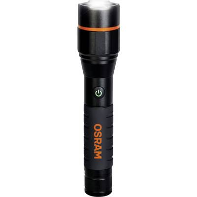 Schwarze, zylindrische Taschenlampe mit orangenen Akzenten und dem Schriftzug 'OSRAM' auf dem Griff.