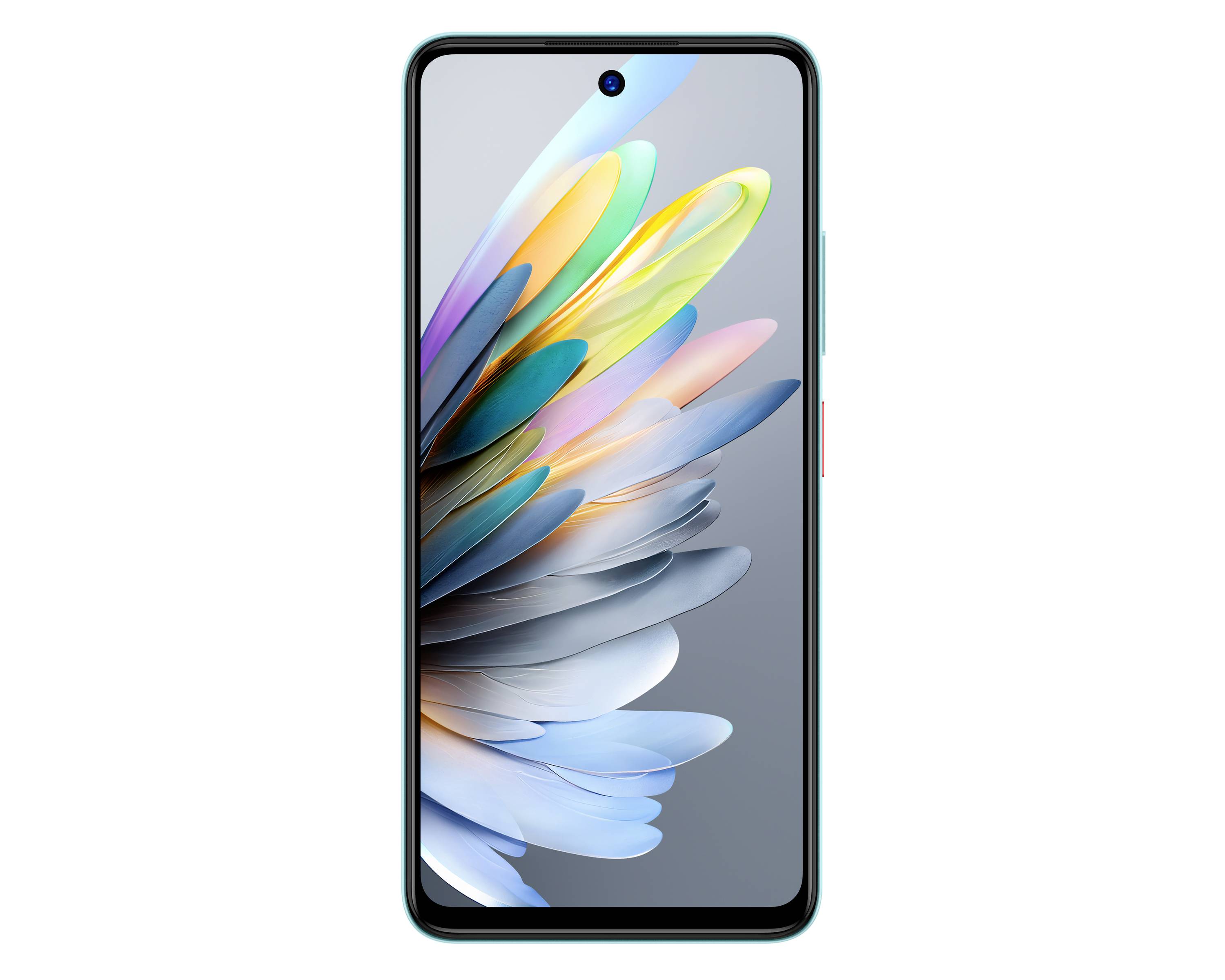 Ein Smartphone mit einem bunten Federmuster auf dem Bildschirm, das von links nach rechts in verschiedenen leuchtenden Farben verläuft.