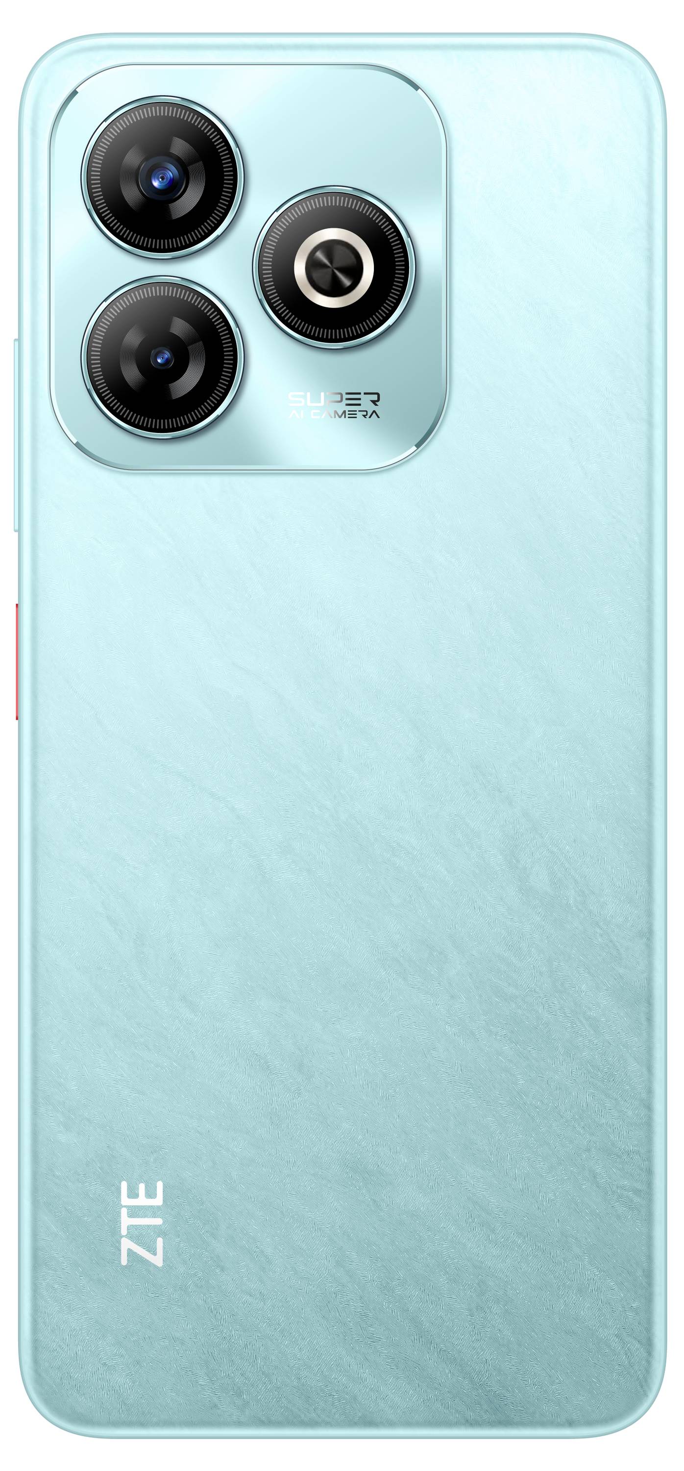 Rückseite eines Smartphones mit drei Kameras und dem Text 'Super'. Die Farbe des Smartphones ist türkis.