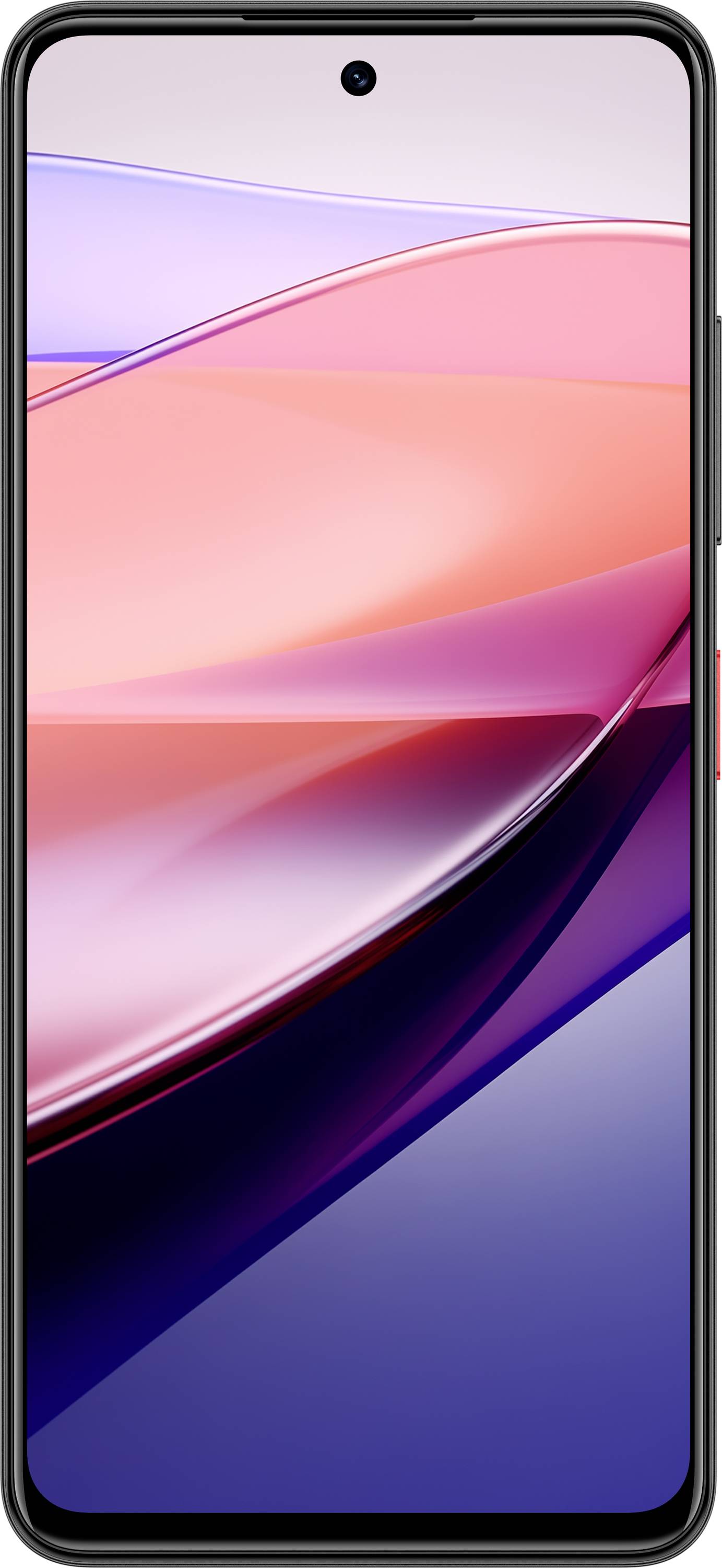 Smartphone mit großem Display. Bildschirm zeigt abstrakte Farbverläufe in Rosa, Rot und Blau. Schwarzer Rand.