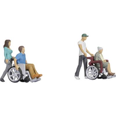 Zwei Miniaturfiguren: Eine Frau schiebt einen Mann im Rollstuhl, daneben ein Mann, der eine ältere Frau im Rollstuhl schiebt.