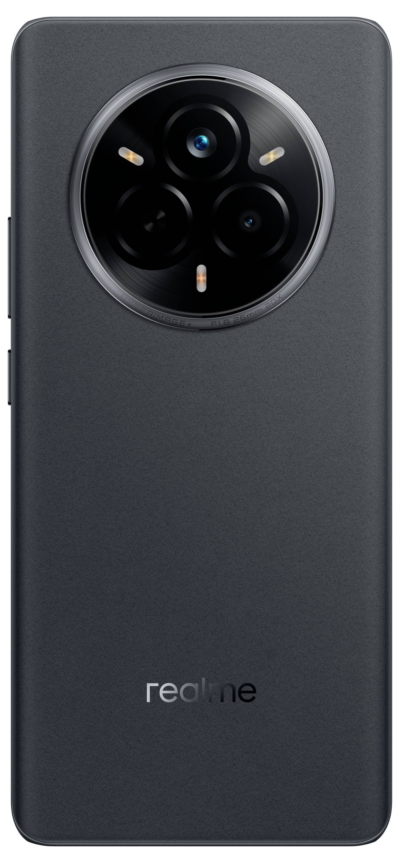 Ein schwarzes Smartphone mit drei großen Kameralinsen auf der Rückseite und dem 'realme'-Logo unten.