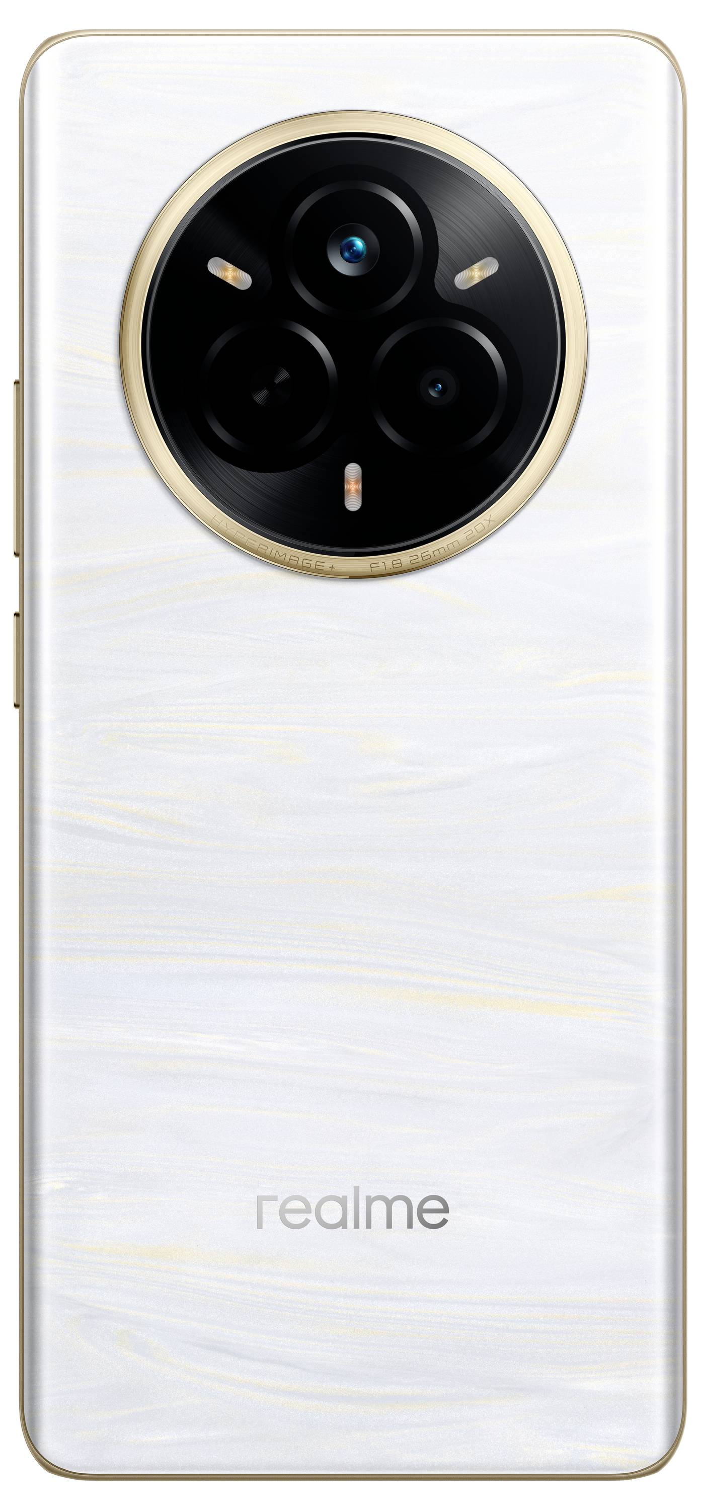 Ein weißes Smartphone von hinten. Es zeigt eine runde Kameraeinheit mit drei Linsen und eine 'realme'-Aufschrift am unteren Rand.