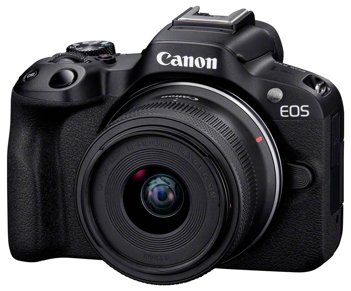 Eine schwarze Spiegelreflexkamera mit dem Markennamen 'Canon EOS', die von vorne zu sehen ist.