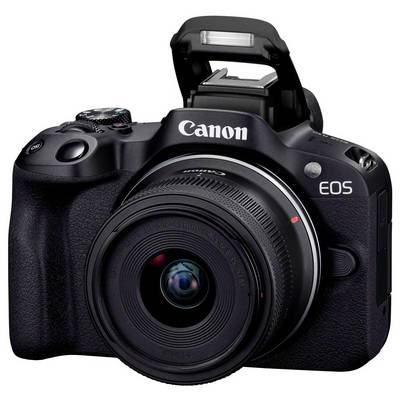 Digitalkamera mit großem Objektiv, eingebautem Blitz, ausgerichtet nach vorne; zeigt das Modell 'Canon EOS' auf schwarzem Gehäuse.