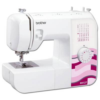 Eine weiße Nähmaschine mit rosa Mustern und verschiedenen Einstellungsmöglichkeiten auf der Vorderseite.