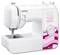 Eine weiße Nähmaschine mit rosa Mustern und verschiedenen Einstellungsmöglichkeiten auf der Vorderseite.
