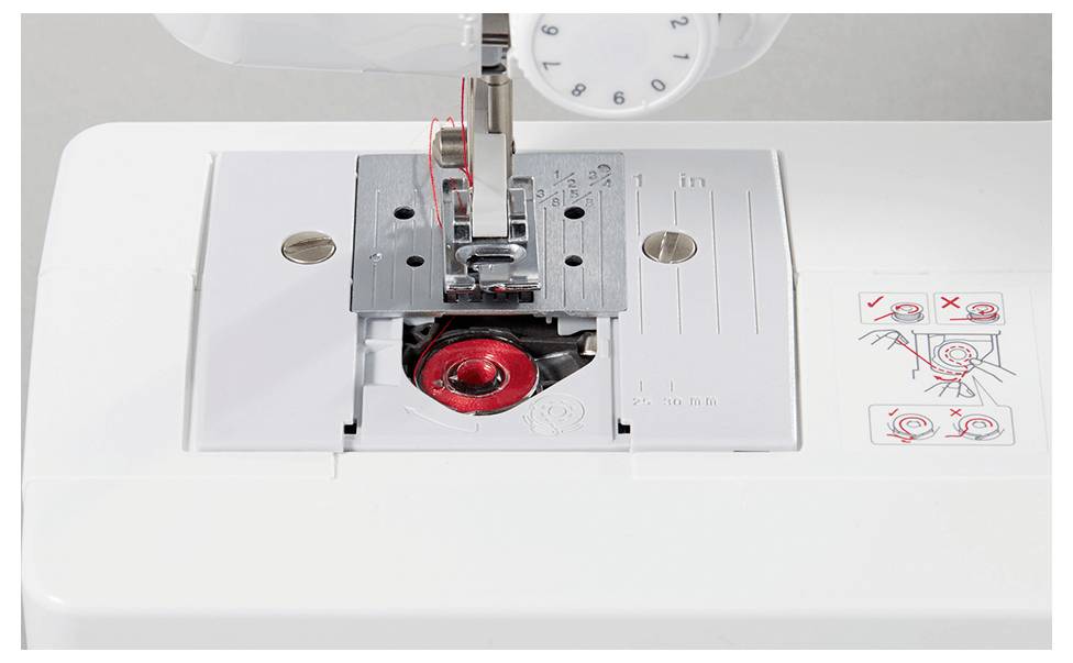 Nähmaschine mit Fokus auf die Spule und das Nähfußgebiet. Rote Fadenspule sichtbar, neben Diagrammen für Spule und Fadeneinführung.