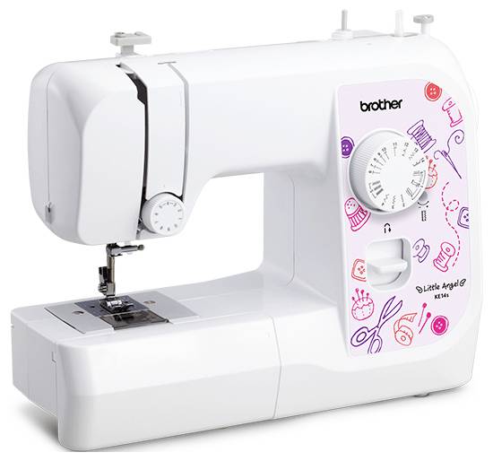Weiße Nähmaschine mit Bedienelementen und farbigem Design. Marke 'Brother', Modell 'Little Angel'.
