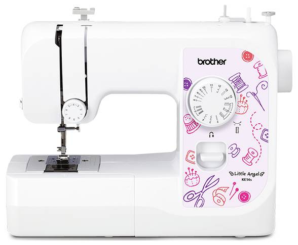Eine weiße Nähmaschine mit lila und rosa Mustern auf der rechten Seite. Modell 'Little Angel'. Ideal für Anfänger.