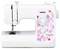 Eine weiße Nähmaschine mit lila und rosa Mustern auf der rechten Seite. Modell 'Little Angel'. Ideal für Anfänger.