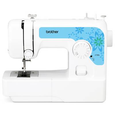 Eine weiße Nähmaschine mit blauen Ziermustern, Markenname 'brother' sichtbar. Drehknopf für Sticheinstellung, Nähfuß angehoben.