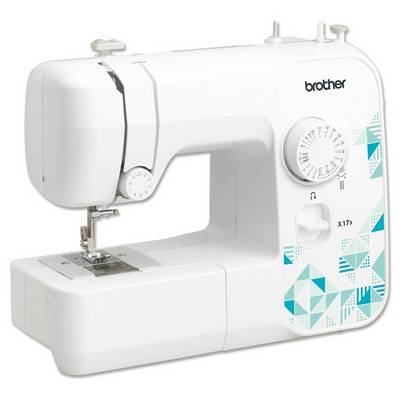 Eine weiße Nähmaschine mit blauen geometrischen Mustern und einem Drehschalter an der Seite.