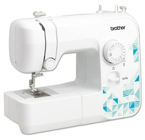 Elektrische Nähmaschine mit blau-weißem Muster und Einstellrad für Stiche. Ideal für Nähprojekte in Heim- oder Hobbyumgebung.