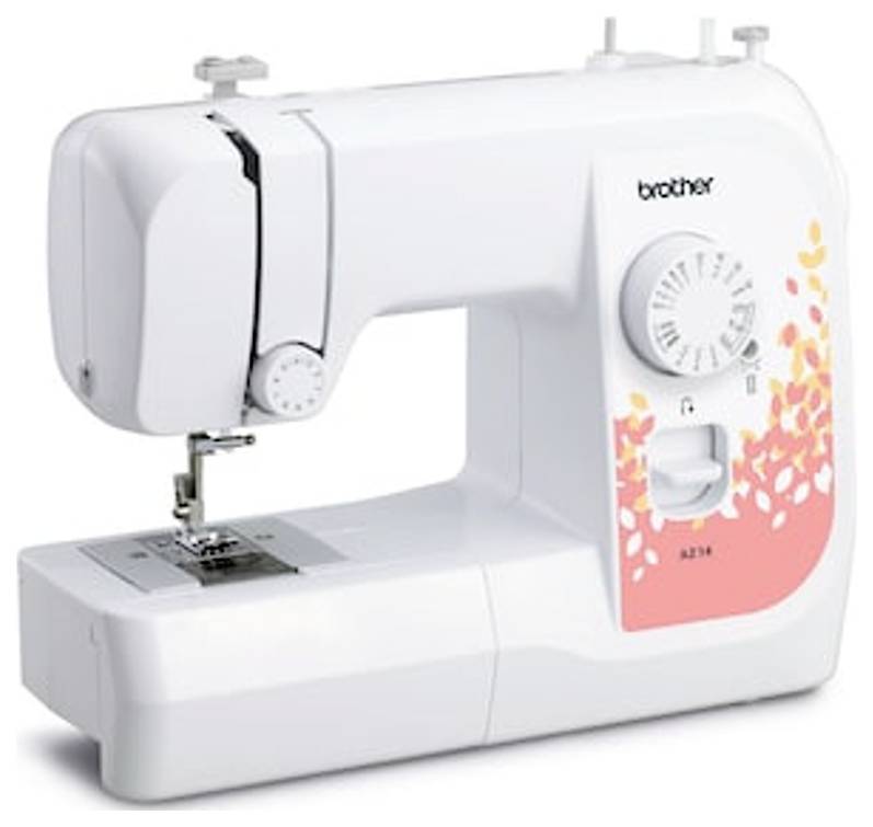 Elektrische Nähmaschine mit weißem Gehäuse und rosa Blumenmuster auf der Vorderseite. Links befindet sich die Nadelhalterung.