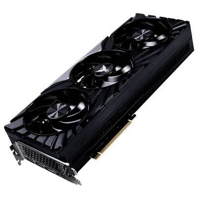 Eine schwarze Computer-Grafikkarte mit drei großen Lüftern. Sie hat ein modernes Design und ist für leistungsstarke Anwendungen geeignet.