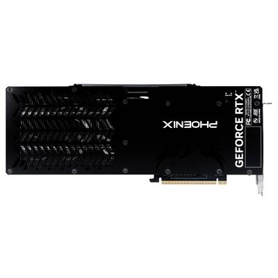 Eine Grafikkarte mit der Aufschrift 'GeForce RTX' und 'Phoenix', schwarzes Design mit Kühlrippen für Wärmeableitung.