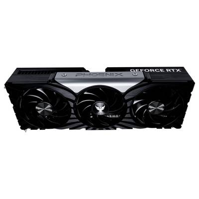 Eine Grafikkarte mit drei Lüftern und der Aufschrift 'PHOENIX' und 'GEFORCE RTX' auf der Oberseite.