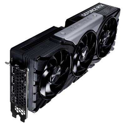 Eine Grafikkarte mit drei großen Lüftern, beschriftet mit 'GEFORCE RTX', Ansicht von oben.