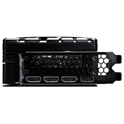Eine schwarze Grafikkarten-Rückseite mit vier HDMI-Anschlüssen und einem Wabengitter-Design für die Kühlung.