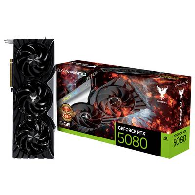 Eine Gainward GeForce RTX 5080 Grafikkarte mit dreifachem Lüfterdesign und Verpackung, die die grafische Leistung hervorhebt.