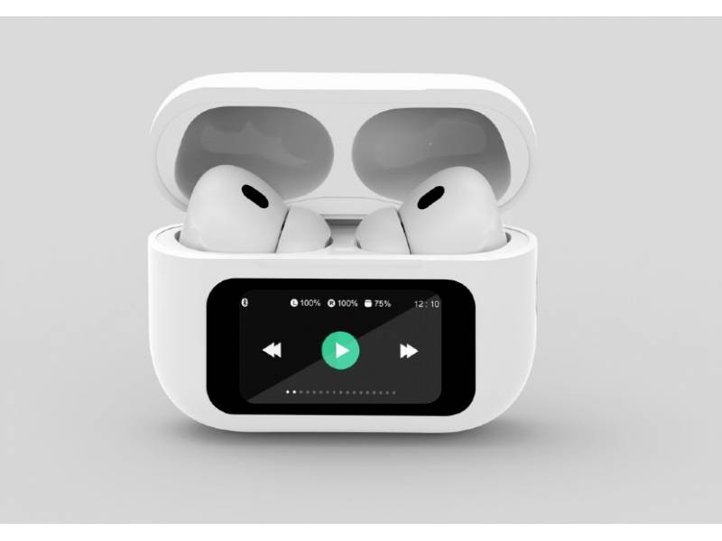 Kabellose Ohrhörer in einem offenen Ladecase mit einem Display, das den Batteriestand anzeigt; das Display zeigt Steuerelemente für Musik.