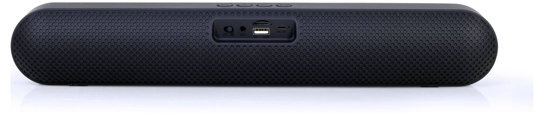 Schwarzer Bluetooth-Lautsprecher auf weißem Hintergrund, zeigt Anschlüsse für Strom- und Audioverbindungen auf der Rückseite.
