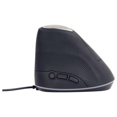 Ergonomische vertikale Maus in seitlicher Ansicht mit USB-Kabel. Zwei Bedienknöpfe und ein Scrollrad sind sichtbar.