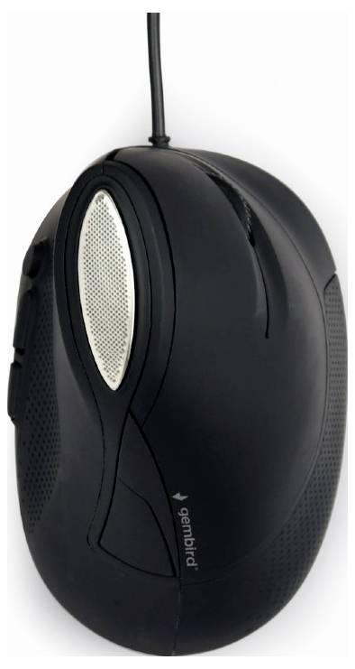 Schwarze kabelgebundene Computermaus mit ergonomischem Design und einem Scrollrad in der Mitte.