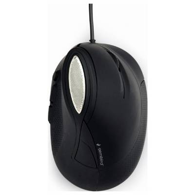 Schwarze kabelgebundene Computermaus mit ergonomischem Design und einem Scrollrad in der Mitte.