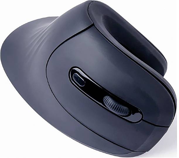 Eine vertikale ergonomische Computermaus in Schwarz. Sie hat ein ergonomisches Design zur Unterstützung der Hand- und Handgelenkhaltung.