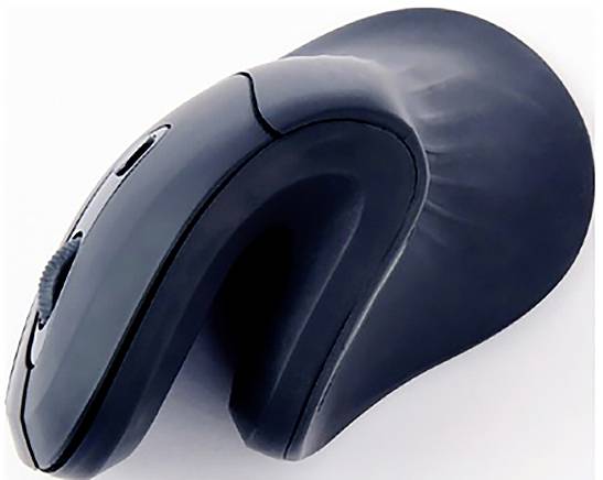 Vertikale schwarze Computermaus in ergonomischem Design, seitlich auf weißem Hintergrund liegend.