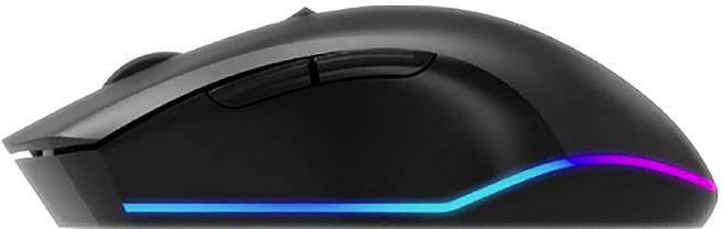 Kabellose, schwarze Gaming-Maus mit RGB-Beleuchtung an der Unterseite. Seitliche Tasten sind sichtbar.