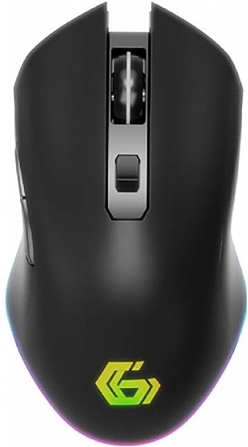 Schwarze Gaming-Maus mit beleuchtetem Logo und Scrollrad; ergonomisches Design für präzises Spielen.