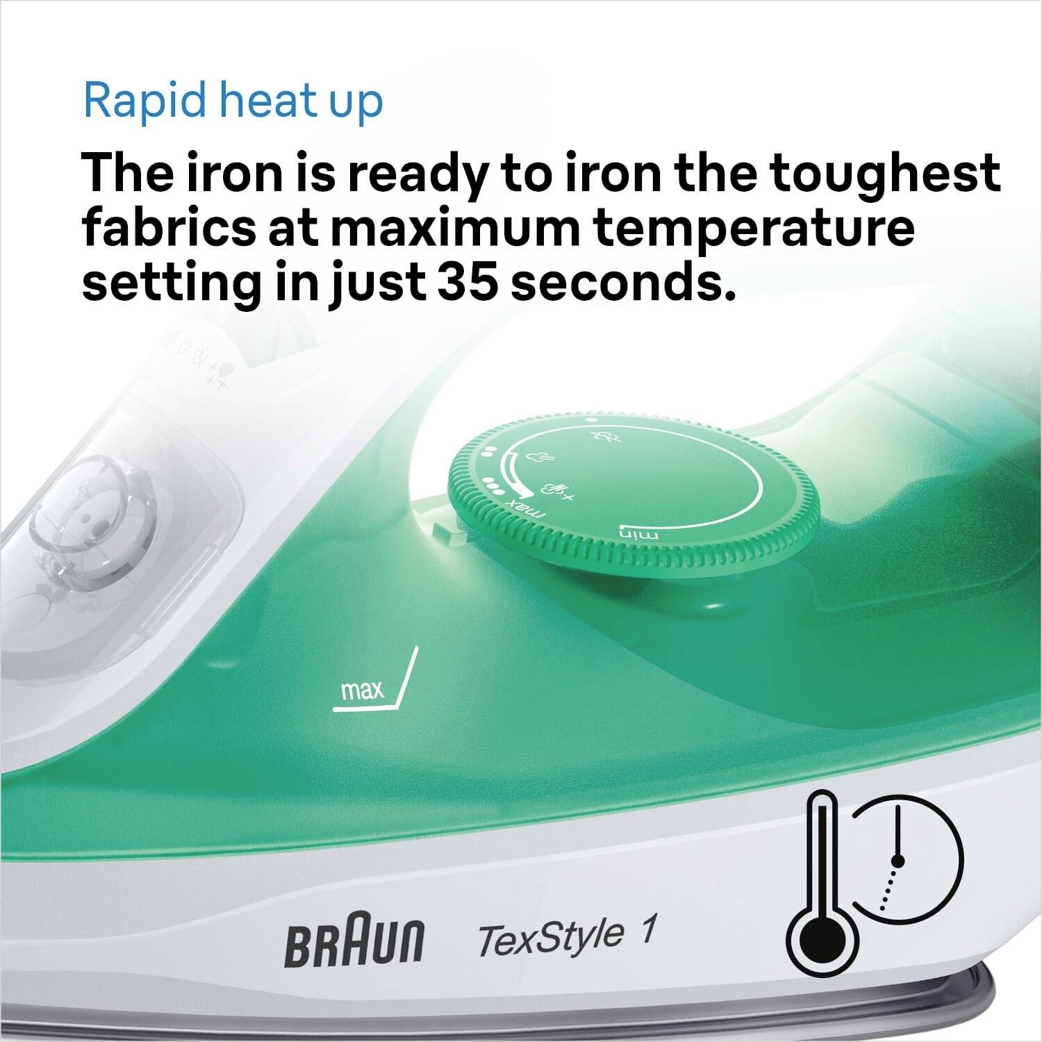 'Dampfglätteisen auf höchster Temperatur in 35 Sekunden bereit. Ideal für schwere Stoffe. Marke: B. Braun TexStyle 1.'