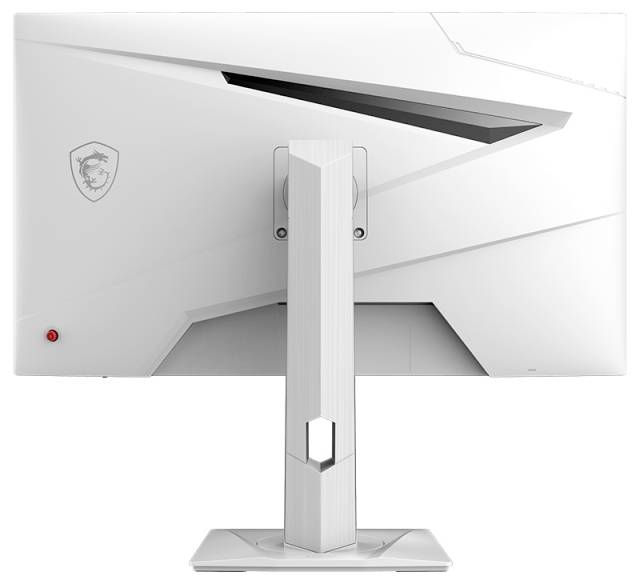 Ein weißer Computermonitor von hinten, auf einer rechteckigen Basis, mit einem stilisierten Logo in der oberen linken Ecke.